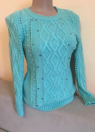 Бірюзова кофта свитер із люрексом та камінчиками