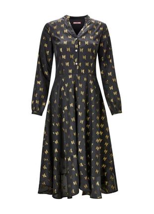 Розкошное шифоновое миди платье шифоновое платье рубашка черное нарядное платье с золотой вышивкой платье с люрексом шестиклинка платье в бабочках