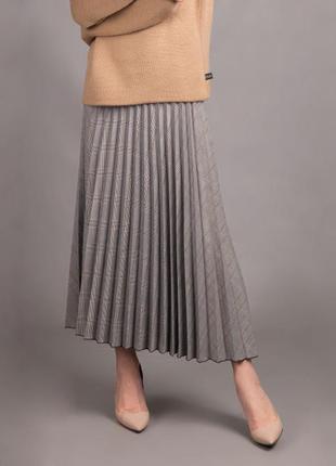 Дизайнерская длинная юбка плиссе миди теплая в клетку полоску серая разноцветная шерсть андре тан2 фото