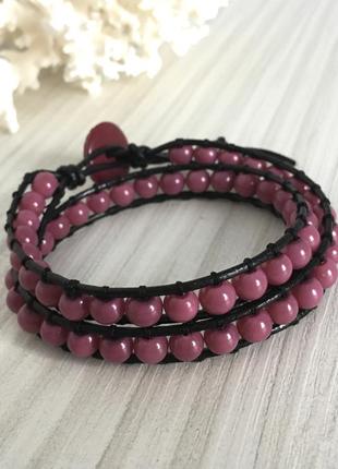 Шкіряний браслет в стилі chan luu з рожевими намистинами