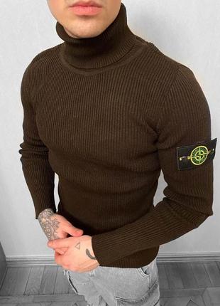 Брендовая водолазка stone island коричневая / стильные мужские гольфы стон айленд