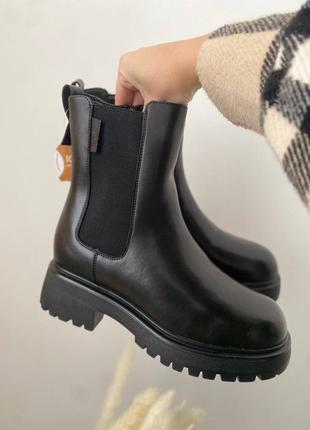 Зимние женские черные сапоги челси с мехом натуральная кожа зима black leather chelsea boots fur