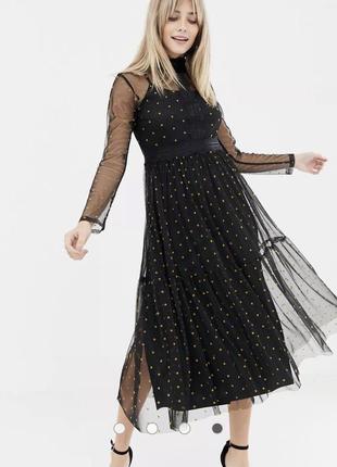Сетчатое платье миди в горошек с кружевными вставками lace & beads