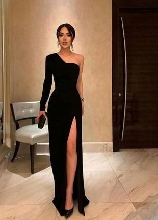 Довга сукня з розрізом, плаття максі на одне плече, креп дайвінг турция