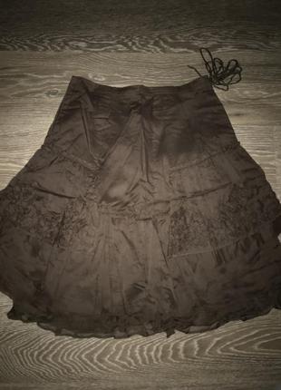 Летняя короткая мини юбка с рюшами коричневая2 фото