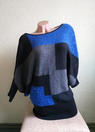 Брендовый свитер летучая мышь. реглан. пуловер. шерсть. ангора. пайетки. трехцветный. синий, серый, черный.