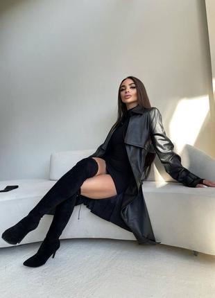 Тренч плащ пальто черный длинный кожаный матовый из искусственной эко кожи с поясом оверсайз