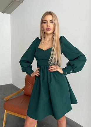 Женское короткое платье черное зеленое бежевое синее малиновое нарядное с рукавом на каждый день