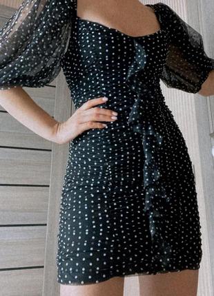 Платье в горошек от zara,черное платье с объемными рукавами zara3 фото