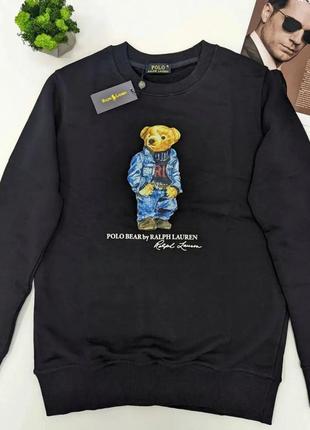 Утеплений чоловічий світшот polo ralph lauren чорний / якісні чоловічі кофти з принтом