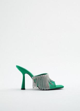 Шикарные зеленые 💚 босоножки со стразами на каблуке zara туфли зара босоніжки
