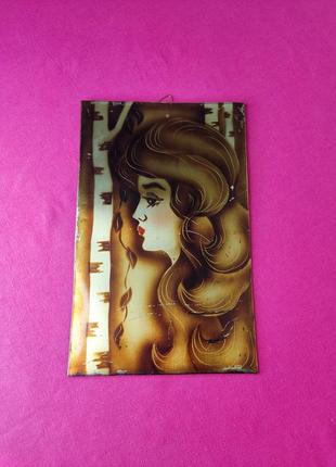 Красивая необычная картина на листе металла лаком по металлу ссср девушка с пышными волосами1 фото