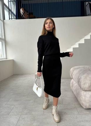 Костюм теплый из ангоры с юбкой с кофтой черный серый вязаный в обтяжку юбка миди  гольф водолазка обтягивающий платье