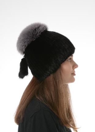 Женская вязаная норковая шапка с помпоном3 фото