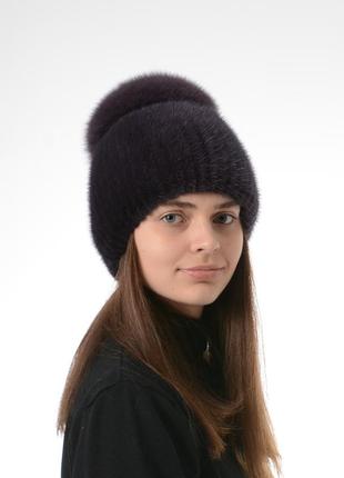 Женская вязаная норковая шапка с помпоном