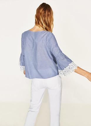 Стильная блуза в полоску с свободными кружевными рукавами от zara рубашка3 фото