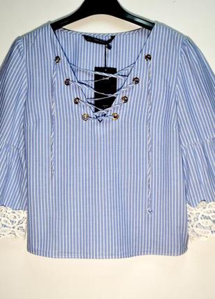Стильная блуза в полоску с свободными кружевными рукавами от zara рубашка4 фото