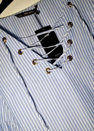 Стильная блуза в полоску с свободными кружевными рукавами от zara рубашка7 фото