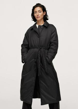 Стеганое пальто с поясом mango женское трендовое черное стильное длинное теплое
