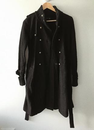 Черное пальто zara под пояс (83% шерсть)2 фото