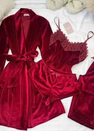 Велюрова оксамитова бордова піжама четвірка, майка, шорти, штани і халат, костюм для дому