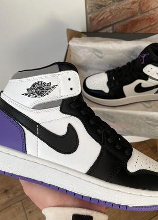 ☘️🖤🌼💜nike air jordan 1 retro high black white violet leather💜🖤женккие кроссовки джордан, кроссовки женские найк джордан 1, кроссовки джордан черняке