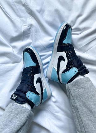 Женские высокие кожаные кроссовки nike air jordan 1 retro high unc "patent blue"#найк