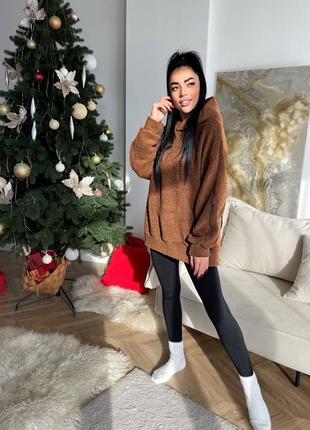 Худи из искусственного меха тедди теплый меховый коричневый бежевый кофта джемпер свитер толстовка гольф водолазка свитшот туника оверсайз