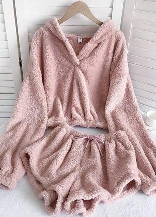 Махрова плюшева піжама з капюшоном з довгим рукавом шортами одяг для дому тепла зимова молочна біла коричнева мокко пудра рожева3 фото