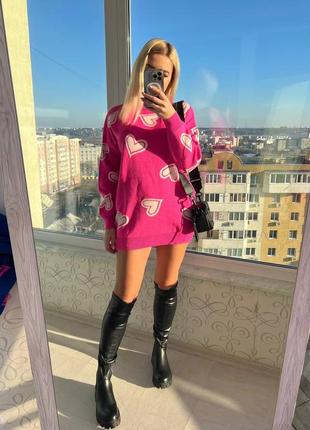 Стильный свитер туника, р.уни, машинная вязка, розовый в принт