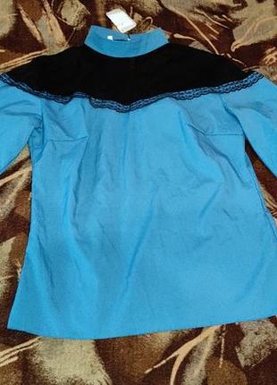 Блузка сорочка з довгим рукавом синя з чорною сіткою