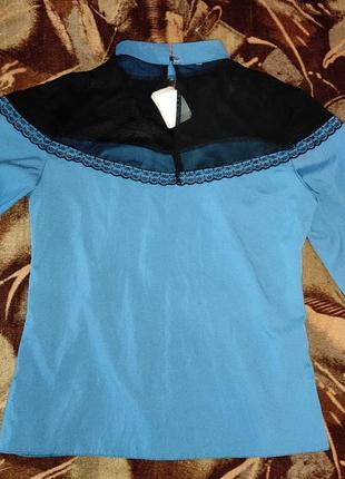 Блузка сорочка з довгим рукавом синя з чорною сіткою3 фото