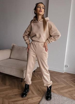 Женский спортивный костюм теплый на флисе черный бежевый коричневый моко9 фото