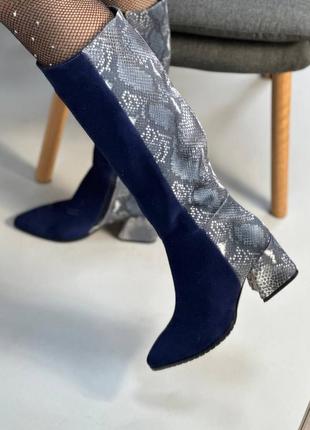 Екслюзивні чоботи з італійської шкіри та замші жіночі рептилія сині джинс9 фото