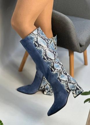 Екслюзивні чоботи з італійської шкіри та замші жіночі рептилія сині джинс