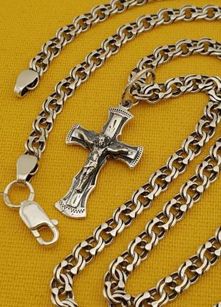 Комплект! серебряная цепочка с крестиком. мужской кулон серебро и цепь бисмарк 925