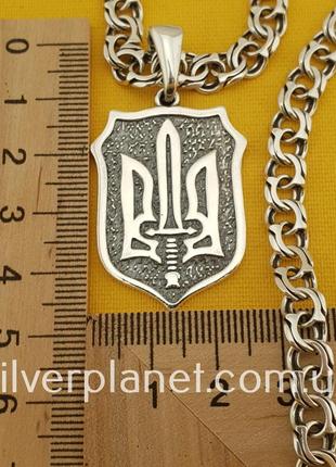 Серебряная цепочка мужская с кулоном герб, толстая цепь на шею мужская, подвес щит и меч