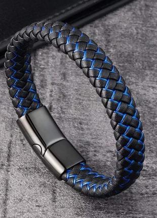 Мужской кожаный браслет черно-синий с магнитной застежкой8 фото