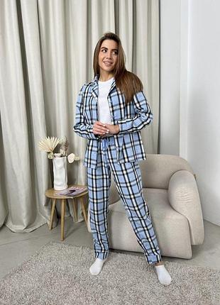 Жіноча піжама із сорочкової фланелі домашній костюм-трійка штани сорочка та футболка колір блакитний картатий