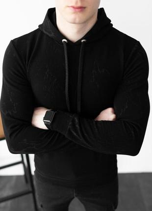 Черное однотонное мужское худи повседневное из трикотажа