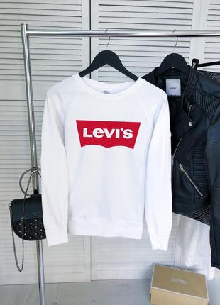 Женский свитшот повседневный в стиле levis с красной надписью качественный из хлопка белого цвета