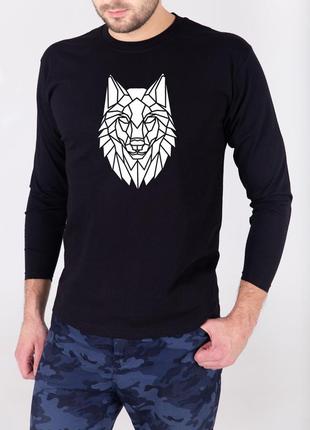 Мужская футболка черная тонкая с длинным рукавом с белым принтом волка