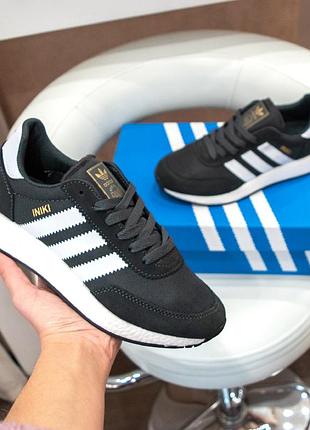 Кросівки жіночі adidas iniki весняні повсякденні адідаси текстиль+замша чорні з білим