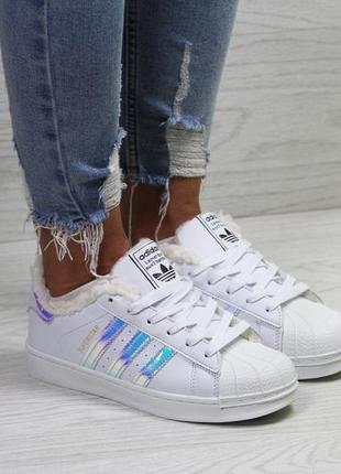 Кеды женские adidas superstar зимние стильные молодежные кожаные кеды в стиле адидас белого цвета