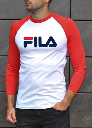 Футболка чоловіча бавовняна з написом fila річний лонгслив з довгими рукавами, біла з червоними рукавами