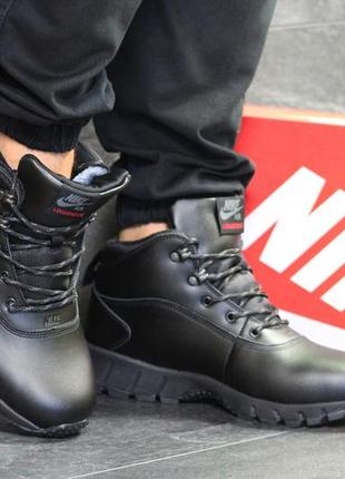 Ботинки мужские nike lunarridge кожаные на шнуровке, зима на меху стильные под джинсы пресс кожа+пена (черные)