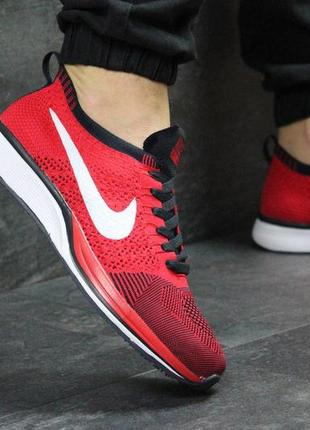 Летние мужские кроссовки nike flyknit racer из текстиля яркие повседневные найки красные на белой подошве