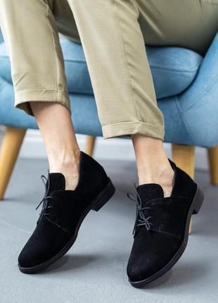 Туфлі жіночі чорні замшеві на шнурівці повсякденні туфлі на низьких підборах 37 38 39 40 41 розміри