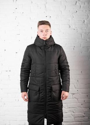Куртка чоловіча pobedov "tank" тепла на зиму з капюшоном стильна довга з кишенями в чорному кольорі, оригінал
