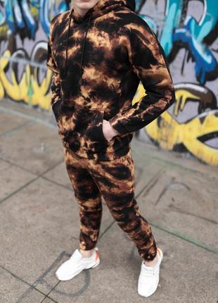 Оверсайз костюм ручної роботи tie-dye весняний трикотажний костюм коричневого кольору